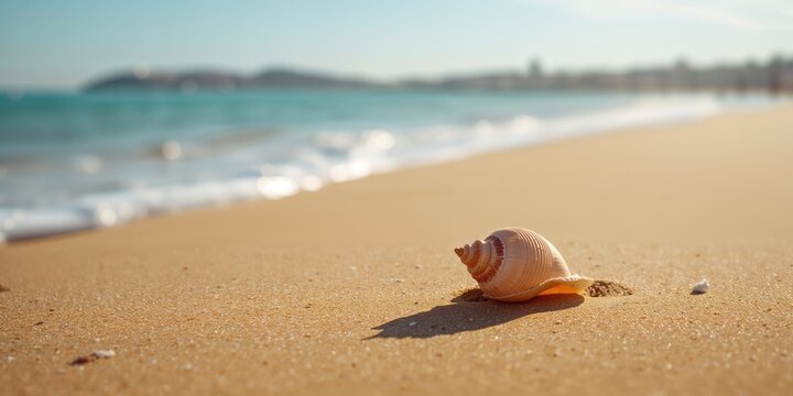 Sea shell on the sandy Fonte da Telha Beach, Almada, Lisbon, Portugal, coastal erosion risk, summer season