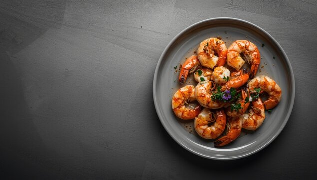 Salad with grilled large prawns on a gray background, emphasizing seafood as a protein source, World Seafood Day