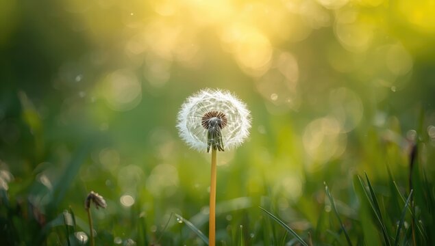 Summer morning rain with droplets on natural foliage and dandelions, highlighting seasonal weather changes