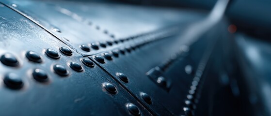 Closeup of riveted metal surface with blue lighting, abstract industrial texture and background