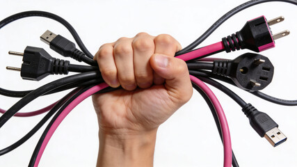 A hand is holding a bundle of wires, including a USB cable, a power cord