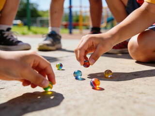 A group of children playing with marbles on a sidewalk