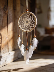 A dreamcatcher with feathers hanging from it