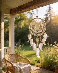 A dreamcatcher hangs from a porch railing, with a chair and a blanket nearby