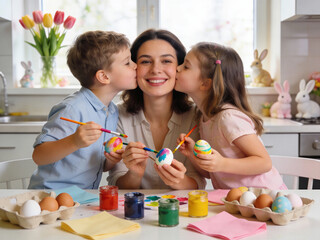 A mother and her two children are painting Easter eggs together