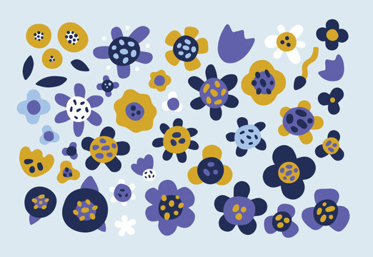 Trendy spring abstract flowers set. Different simple blooms in a hippie boho style. Very pery color scheme. For prints, stickers, illustrations, social media, collage. Isolated. Cutout style, various