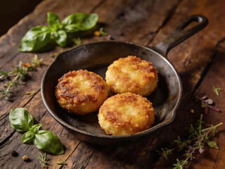 Three fried doughnuts are in a pan on a wooden table