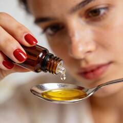 A woman is pouring oil into a spoon