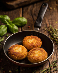 Three fried doughnuts are in a pan on a wooden table