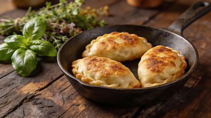 Three fried pastries are in a pan on a wooden table