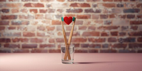 Dual toothbrushes placed in a glass with a red heart overlay against a brick wall, highlighting personal care and affection,