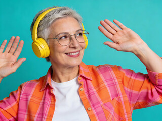 A woman wearing a yellow headset and glasses is smiling and waving
