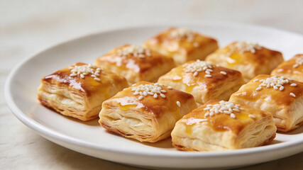 A plate of pastries with sesame seeds on top