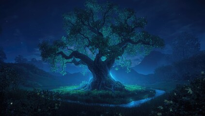 Nighttime 3D forest visualization with bioluminescence, highlighting natural light sources for ecological study