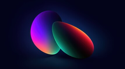 Abstract three dimensional glowing ovals rest upon a dark surface with vibrant color gradients