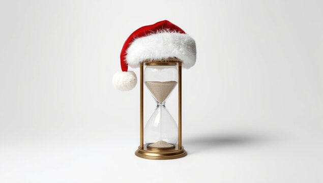 Sand timer topped with Santa hat illustrating festive time management, Christmas