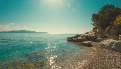 Retro coastal landscape featuring clear water and floating soap bubbles, highlighting shoreline erosion risks during summer, Earth Day