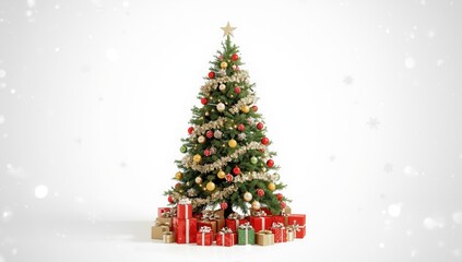 Obraz premium Christmas tree with toys and presents arranged at its base, holiday celebration scene