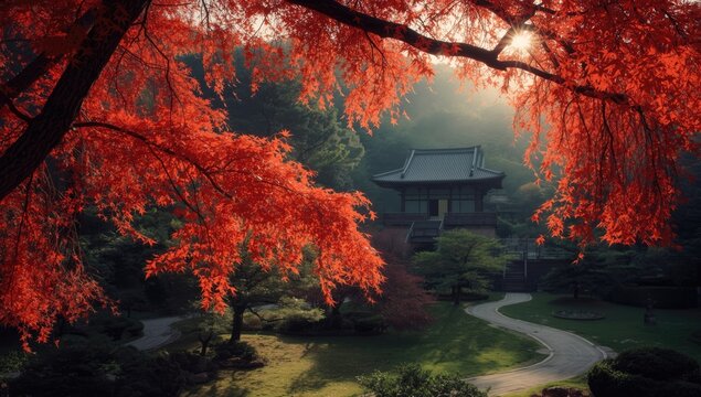 Colorful Japanese autumn foliage, highlighting seasonal erosion risk, Earth Day - Powered by Adobe