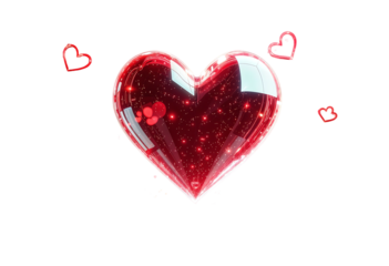 A glistening, luminous red heart filled with glittering particles and surrounded by smaller heart outlines