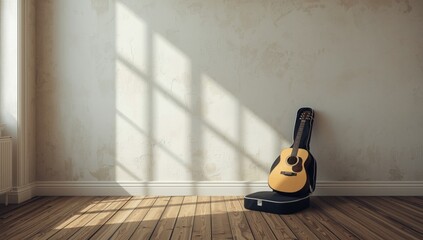 Close-up of classical acoustic guitar in a quiet room, suitable for background sound or practice, World Music Day