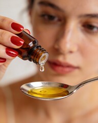 A woman is holding a bottle of essential oil and a spoon