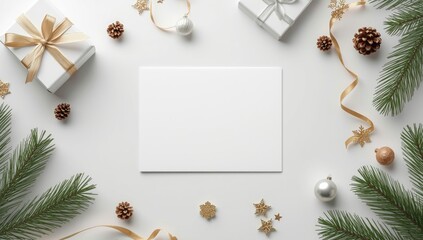 Holiday greeting card design, white paper flat lay with festive decorations and gifts, modern gold accents, seasonal celebration, New Year