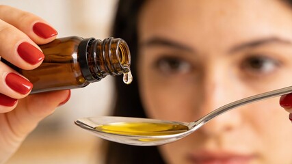 A woman is holding a bottle of essential oil and a spoon