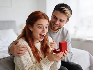 A man and a woman are sitting on a bed, the woman is holding a red ring