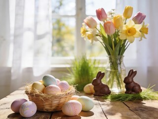 A basket of Easter eggs sits on a table next to a vase of tulips