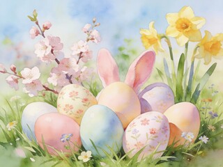 A painting of a field with a bunch of eggs and a rabbit