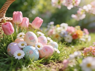 A basket full of Easter eggs and flowers
