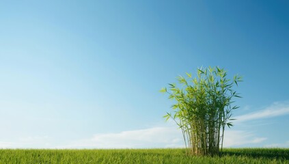 Obraz premium Green bamboo foliage with a vibrant blue sky creates a fresh outdoor scene suitable for environmental themes.