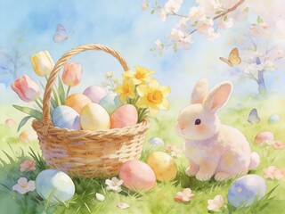 A bunny is sitting in a basket full of Easter eggs