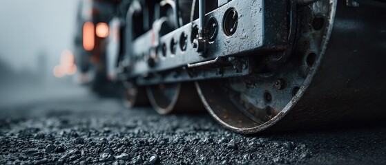 Closeup of a heavyduty road roller compacting asphalt on a construction site, with blurred lights in the background Concept of infrastructure development and road building