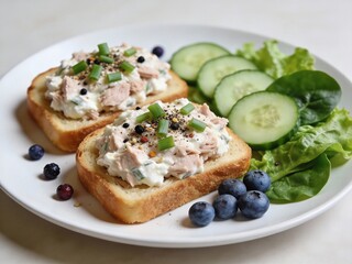 A plate of food with two sandwiches, one of which is a tuna salad