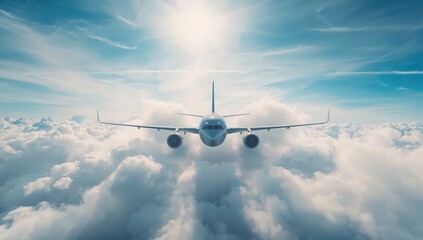 Aircraft ascending through clouds seen from below, highlighting flight path and altitude, International Aviation Day