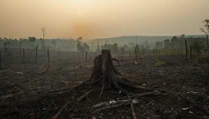Deforestation scene in the Amazon with trees felled and burned to create land for farming and livestock, ecological degradation