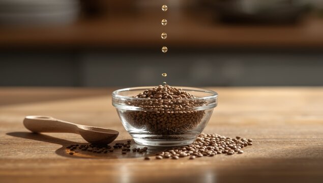 Glass bowl containing caraway seeds and essential oil, highlighting natural aromatic ingredients