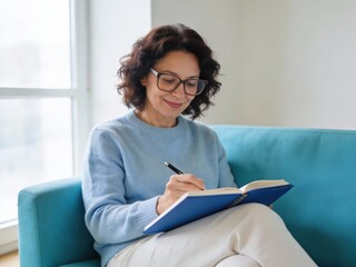 A woman is sitting on a couch and writing in a blue notebook