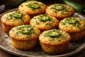 Herb topped jalapeno cornbread muffins displayed on a decorative plate in a close up shot