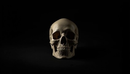 Fototapeta premium Human skull photographed from the front against a black backdrop, used for anatomical reference or medical illustration