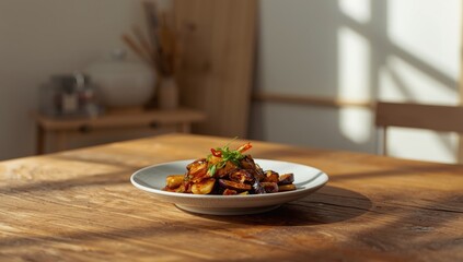 Stir-fried eggplant with sweet soy sauce served as part of Japanese cuisine, emphasizing flavor profile and preparation technique