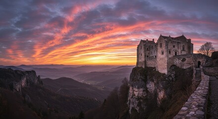 Obraz premium Fiery Sunset Embraces Majestic Castle Perched on Clifftop, Panoramic View