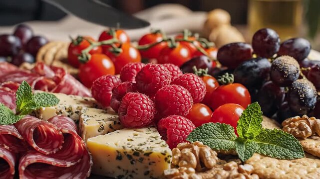 Gourmet charcuterie board with salami cheese walnuts and fresh fruits closeup