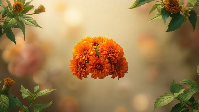 Detailed view of bright orange tagetes flowers arranged on a floral backdrop, suitable for decorative purposes