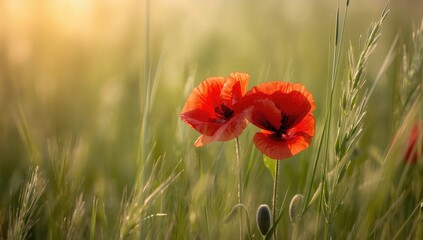 Naklejka premium Poppies growing in a spring meadow, highlighting natural beauty and plant health, World Environment Day