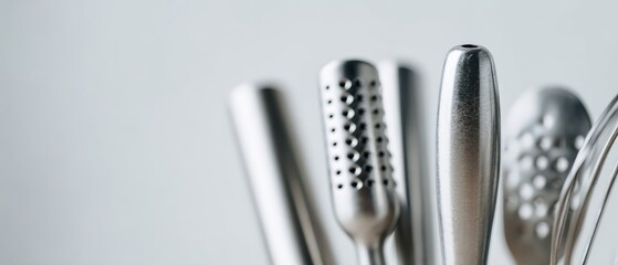 Closeup of modern stainless steel kitchen utensils, showcasing a collection of metallic cooking tools with abstract details and a clean, organized aesthetic Concept of culinary arts and home kitchenwa