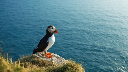 Sea birds perched along the coast of Skomer Island in Wales, emphasizing wildlife preservation in a summer landscape, World Environment Day