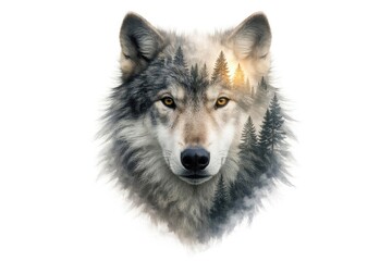 Double exposure effect showing a wolf face isolated on a clean white backdrop